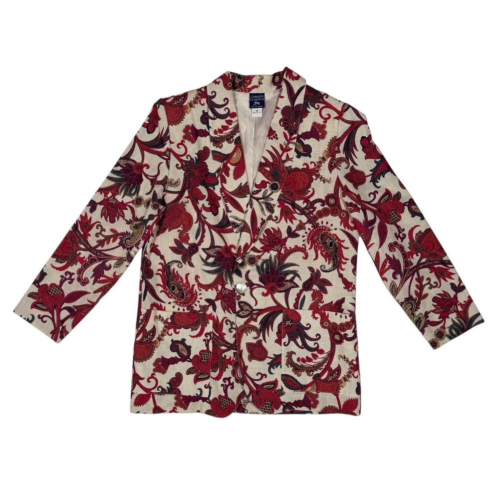 Camden Classics Vintage Red Paisley Floral‎ Linen Blend Blazer Jacket Womens 10